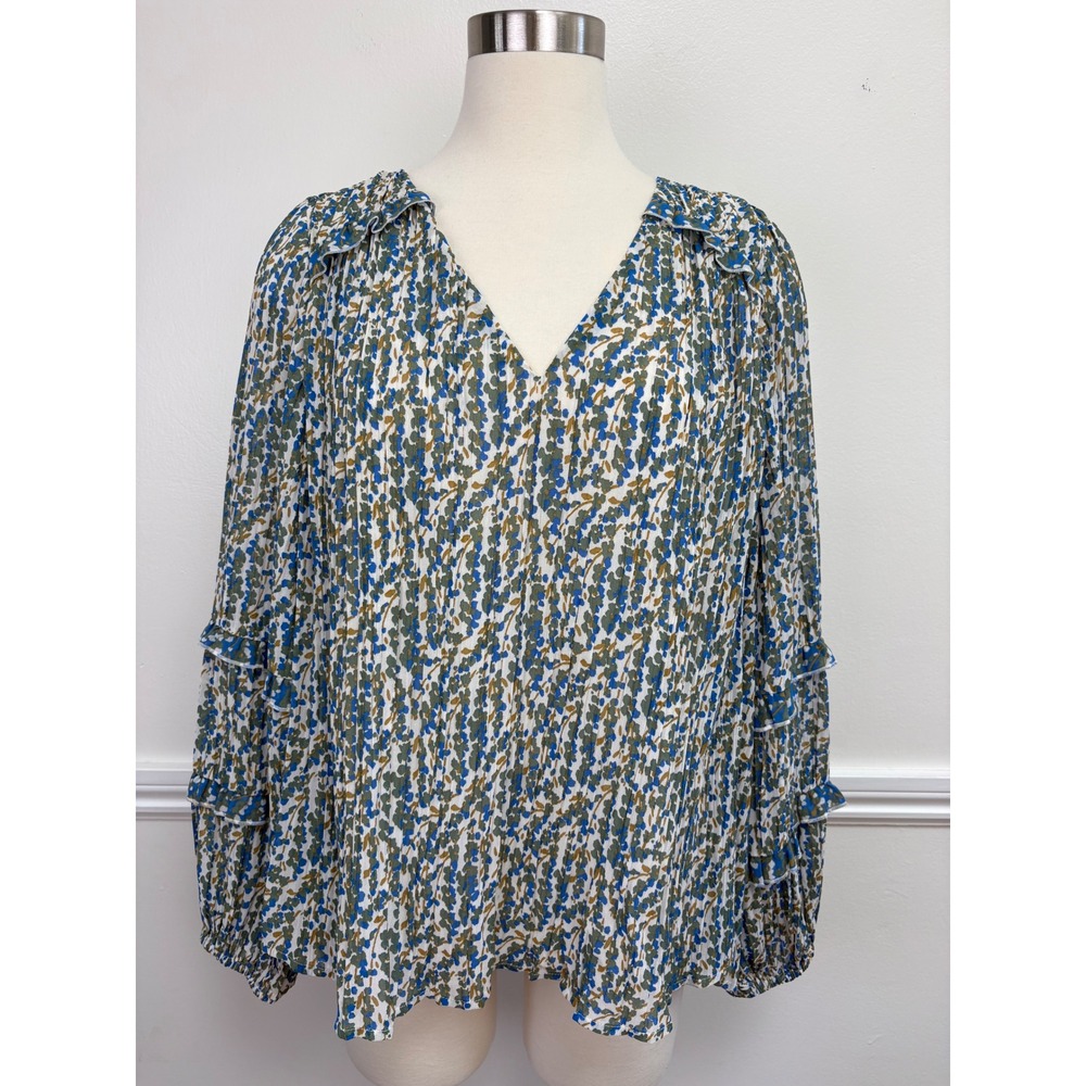 Anthropologie Maeve Pleated Peasant Blouse Size L Ruffle Balloon Sleeve Romantic